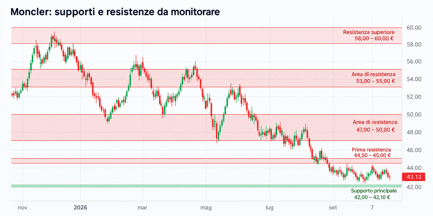 Grafico con evoluzione del prezzo Moncler con supporti e resistenze evidenziati